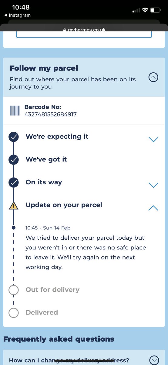 peggymitchell1's tweet photo. @Hermesparcels tracking #4327481552684917 I’m at home!!!!!Nobody came!!! https://t.co/um8wk0pfzz