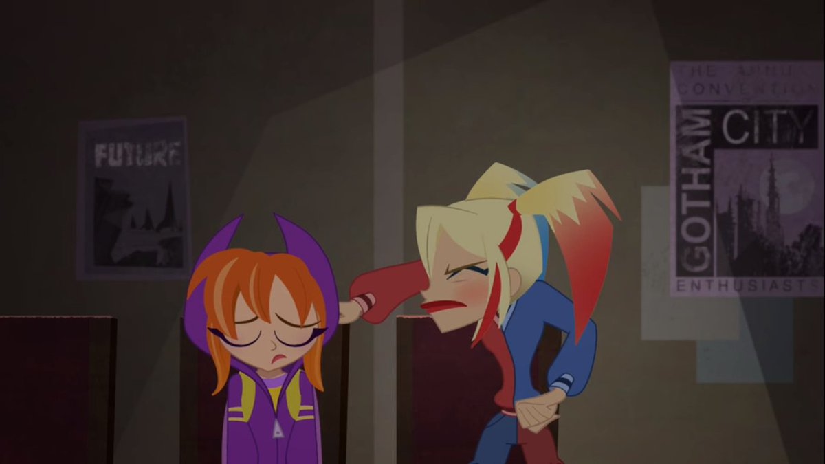 ポロろっか Dcスーパーヒーロー ガールズの19話 お互い正体を知らないバーバラ バットガール とハーリーン ハーレイ が親友で ロビンにバーバラを馬鹿にされたハーリーンがハーレイの姿でロビンに復讐しようとするけどそれを止めようとするバット