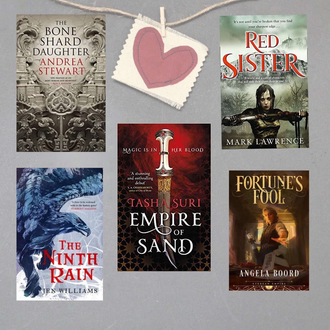 Phalue and Ranami - The Boneshard Daughter  @AndreaGStewartSister Apple & Sister Kettle - Red Sister  @Mark__Lawrence Mehr and Amun - Empire of Sand  @tashadrinksteaAlastair and Bern - The Ninth Rain  @sennydreadfulKyrra and Arsenault, Fortunes Fool  @Angelaboord