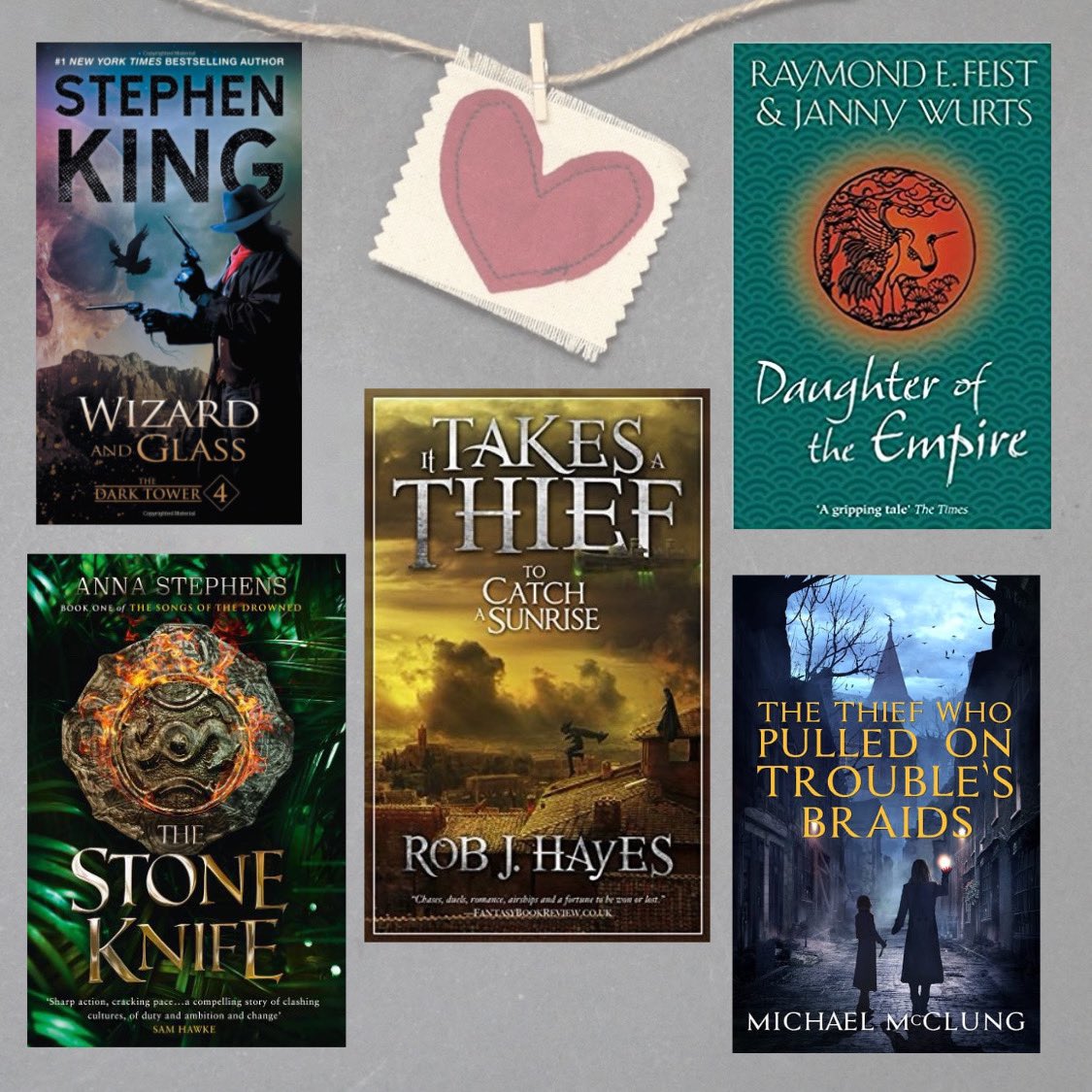 Roland and Susan - Wizard and Glass (SK)Mara and Kevin - Daughter of the Empire  @JannyWurtsJacques Revou and Isabel de Rosier - It Takes a Thief to Catch a Sunrise  @RoboftheHayesTayan and Lilla - The Stone Knife  @AnnaSmithWritesAmra and Holgren - Amra Thetys  @mcclungmike