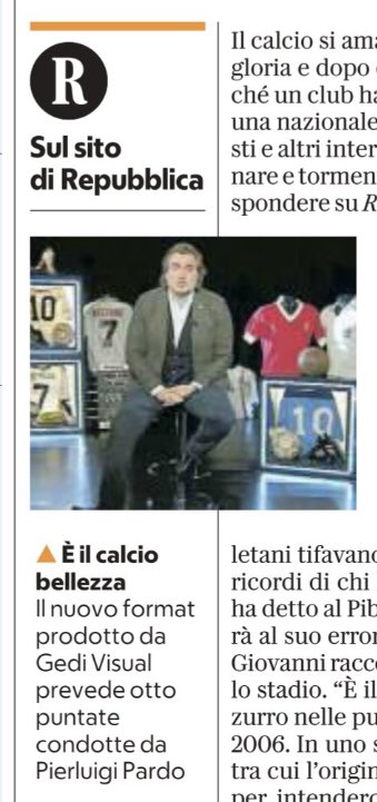 Stefania Aloia (@stealoia) on Twitter photo Da martedì sul sito di <a href="/repubblica/">Repubblica</a> prende il via la serie in 8 puntate “È il #calcio, bellezza!” di <a href="/PIERPARDO/">Pierluigi Pardo</a>. Ho visto in anteprima la prima puntata. Lo dico in modo disinteressato: è fatta proprio bene! Bravi Pierluigi (Pardo, che la conduce, e Pisa, che la cura) <a href="/RepubblicaTv/">RepubblicaTv</a> Da martedì sul sito di <a href="/repubblica/">Repubblica</a> prende il via la serie in 8 puntate “È il #calcio, bellezza!” di <a href="/PIERPARDO/">Pierluigi Pardo</a>. Ho visto in anteprima la prima puntata. Lo dico in modo disinteressato: è fatta proprio bene! Bravi Pierluigi (Pardo, che la conduce, e Pisa, che la cura) <a href="/RepubblicaTv/">RepubblicaTv</a>