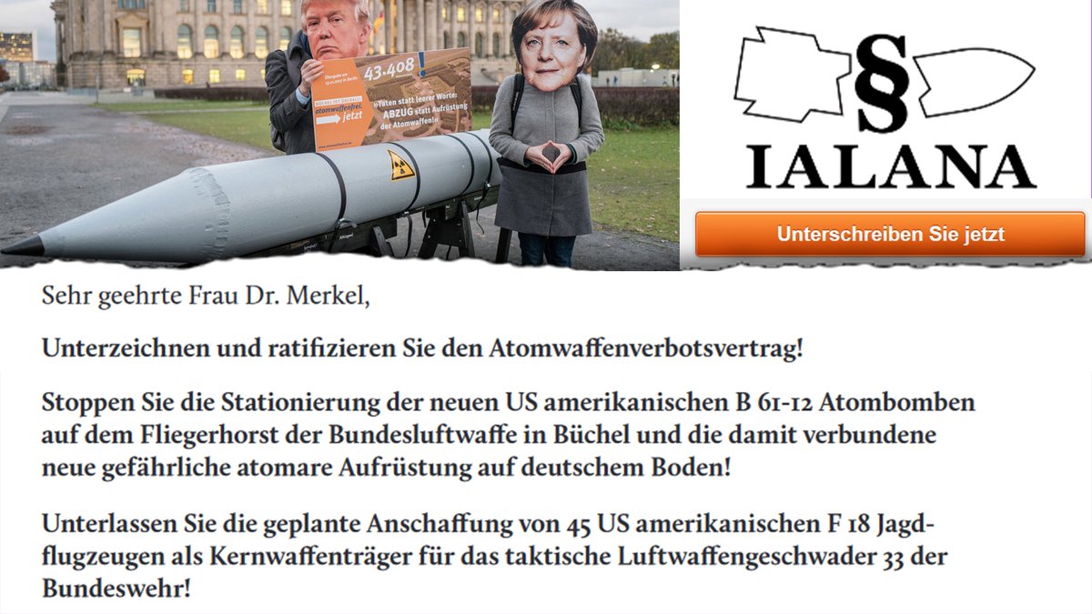 KilezMore's tweet photo. ✅🕊 Dem #Atomwaffenverbotsvertrag beitreten 🕊✅
Jetzt den #IALANA Appell unterzeichnen & unterstützen!
✍️✍️✍️ https://t.co/sFUXvvIZx2 ✍️✍️✍️
❌ Nukleare Aufrüstung stoppen!
❌ Stationierung von neuen Atombomben stoppen!
❌ Kauf von 45 Kerwaffenträgern stoppen!
#SupportPeace! https://t.co/Y2fPWhZPLs