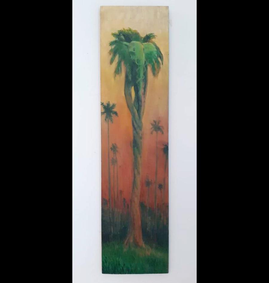 rsabas's tweet image. This is the source image of the previous post, Oliphon Tree, an oil painting of the same name. On pine wood 42inHx11.5inW. ©1986 Roberto Sabas, all rights reserved. #elephantart #elephant #elephanttree #oilpainting #surreal #palmtree
