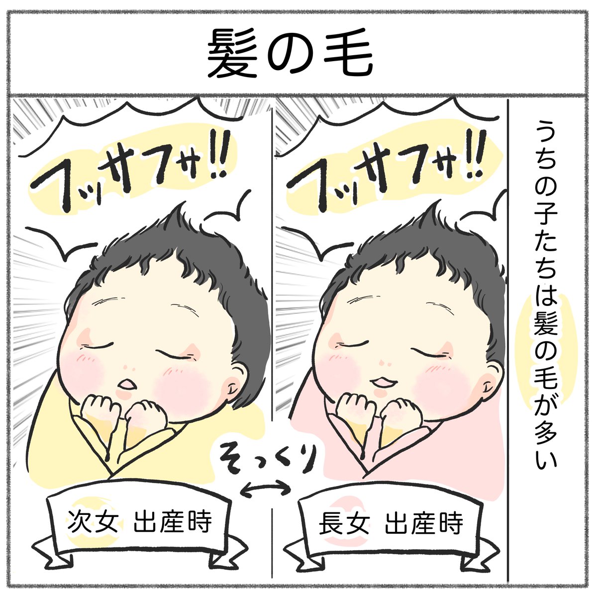 フサフサ家系に舞い降りた、薄毛の天使・末っ子くん。

 #育児漫画 #育児絵日記 #さのさん3姉弟 