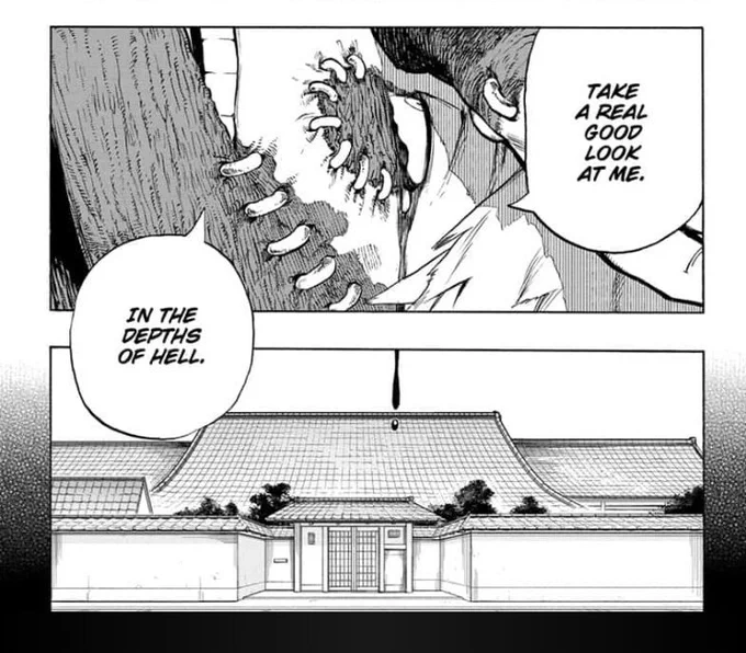 #bnha301 the blood from Dabi's eye is dripping onto his broken home. so beautiful. 