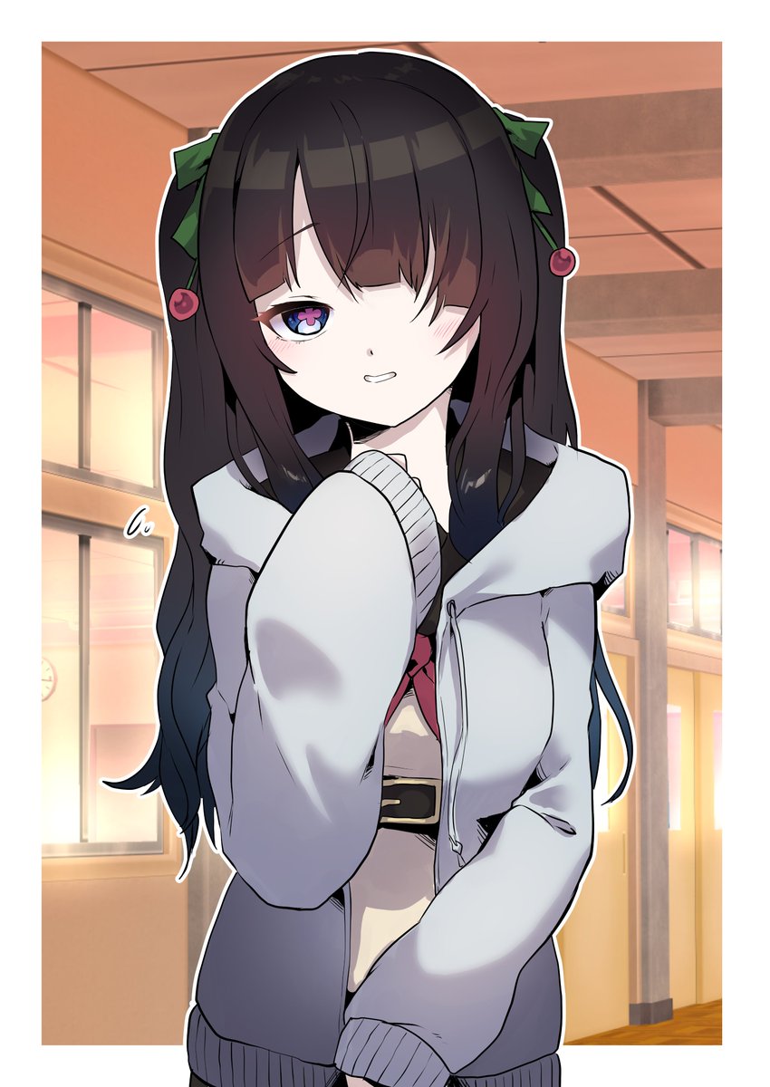 1girl solo black hair long hair hair over one eye looking at viewer hood  illustration images
