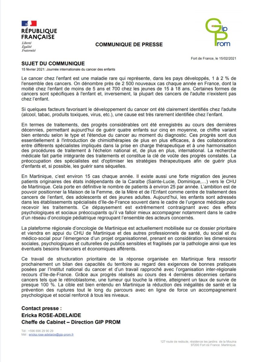 plateforme_de's tweet photo. *** COMMUNIQUE DE PRESSE : 15 FÉVRIER - JOURNÉE INTERNATIONALE DU CANCER DE L'ENFANT ***

#Martinique #GIPPROM #Cancer #plateformeregionaledoncologiedemartinique
#CancerInfantile #JournéeInternationaleducancerdelEnfant
#Cancerdelenfant #Enfant https://t.co/POsoRbQYQP