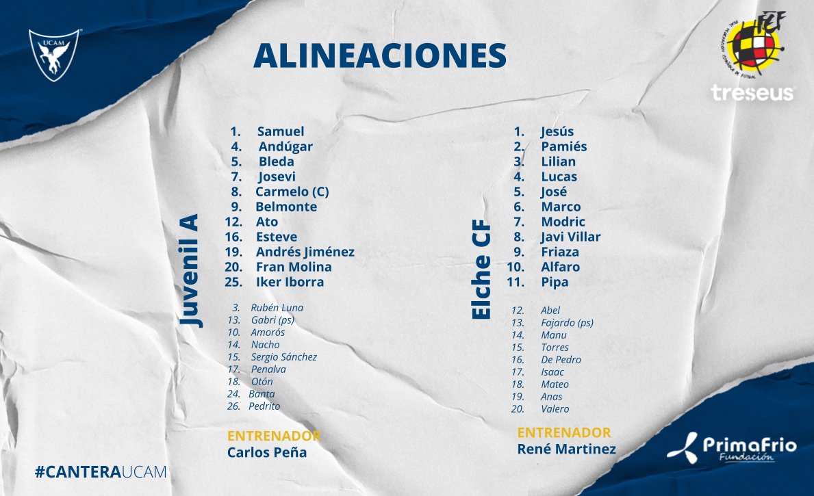 UCAMMurciaCF's tweet photo. 🚨 JUVENIL A | 👥 XI confirmado por @carlosgopena para el encuentro de esta tarde ante el @elchecf.

#CanteraUCAM 💙 https://t.co/9XTvR4u2Qy