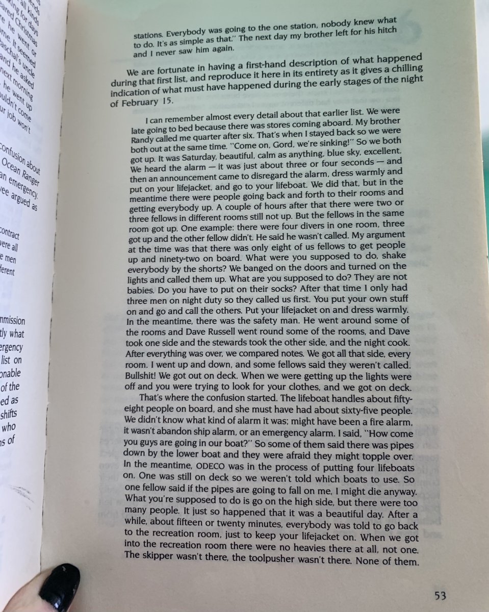 In the 1987 book "But Who Cares Now?: The Tragedy of the Ocean Ranger" , published five years after the disaster by the Ocean Ranger Families Association, a firsthand account of a list which occurred the week prior is described in full: