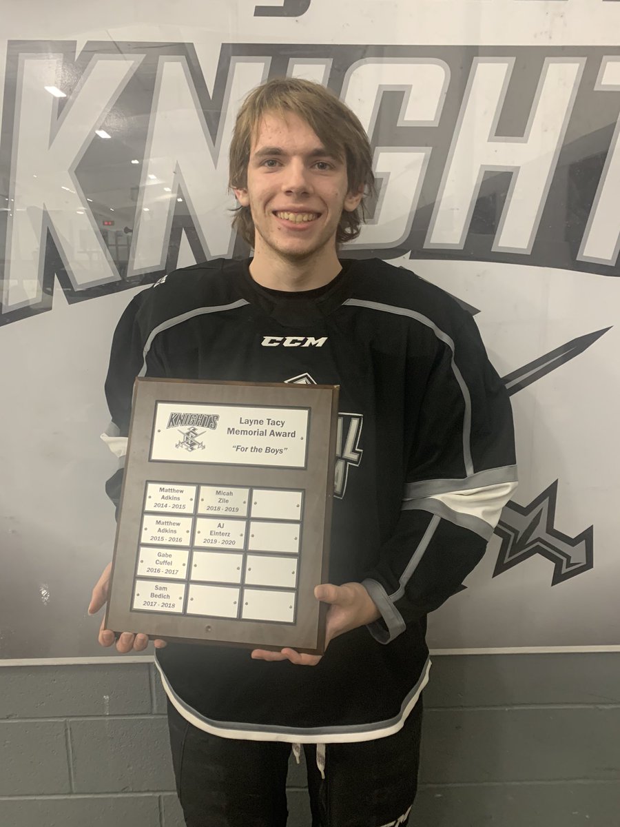 CIKnights's tweet photo. Congrats to AJ Einterz for the Layne Tacey 2019-20 award nominated by Captains Sam Bedich, Gabe Cuffel, and Charlie Sawyer. Unsung hero of team, named in honor of a former Knights player. https://t.co/rqfP4HD22C