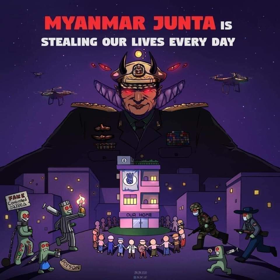 KhineKhaingThi1's tweet photo. The internet will be cut off again tonight. Fully armed Cops and soldiers are raiding on streets. We are really concern that military is planning to use brutal force tonight.
#WestandwithUSArmy
#HearTheVoiceOfMyammar
#WhatsHappeningInMyanmar
#RejectMilitaryCoup
#HumanRights https://t.co/lrs8xIvPSU