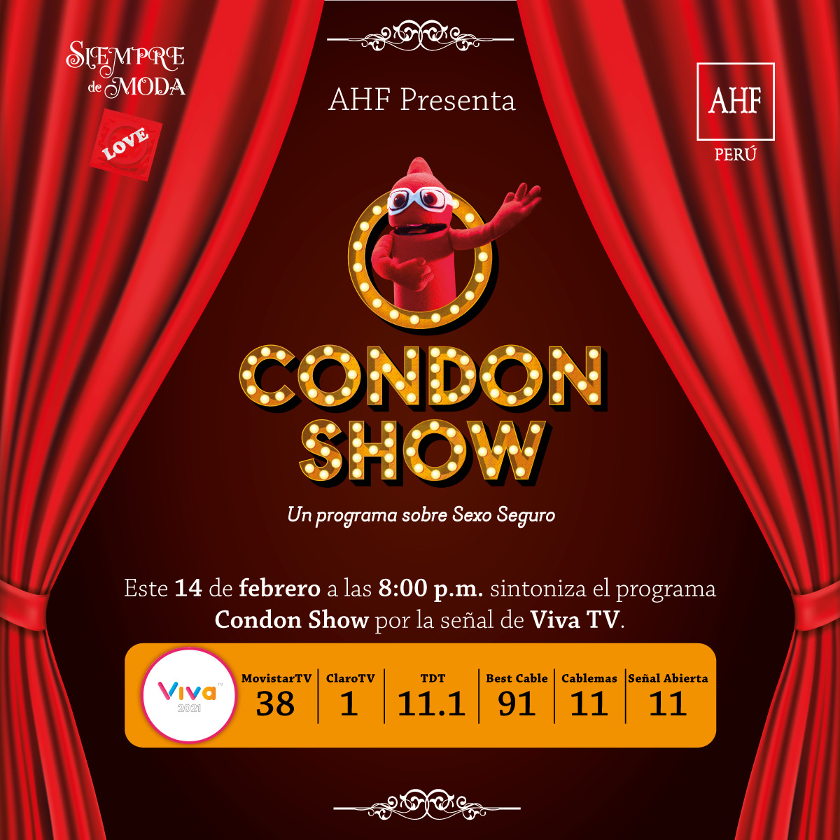 AHF_PERU's tweet photo. ¡CONDON SHOW en TV abierta! 📺Míralo hoy domingo a las 8pm🤩por VIVA TV (Canal 11 – Señal Abierta / Canal 38 – MovistarTV / Canal 1 – ClaroTV / Canal 11.1 – TDT / Canal 91 – Best Cable / Canal 11 – Cable Más)📣 ¡Dale RT y sintonízalo #DíaDelCondón #SiempreDeModa #SeguroEsSexy https://t.co/9WdGnrvamY