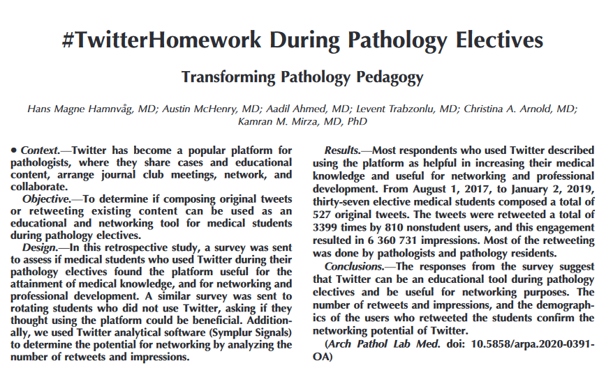 KMirza's tweet photo. Amazing to see our #TwitterHomework project led by⭐️resident @HHamnvag and the amazing team of @AustinMcHenry @AadilAhmedMD @aflevent @CArnold_GI published!

#TwitterHomework During Pathology Electives: Transforming Pathology Pedagogy | @ArchivesPath  

https://t.co/RuXHQjN7vZ https://t.co/pkCz0mv2IQ