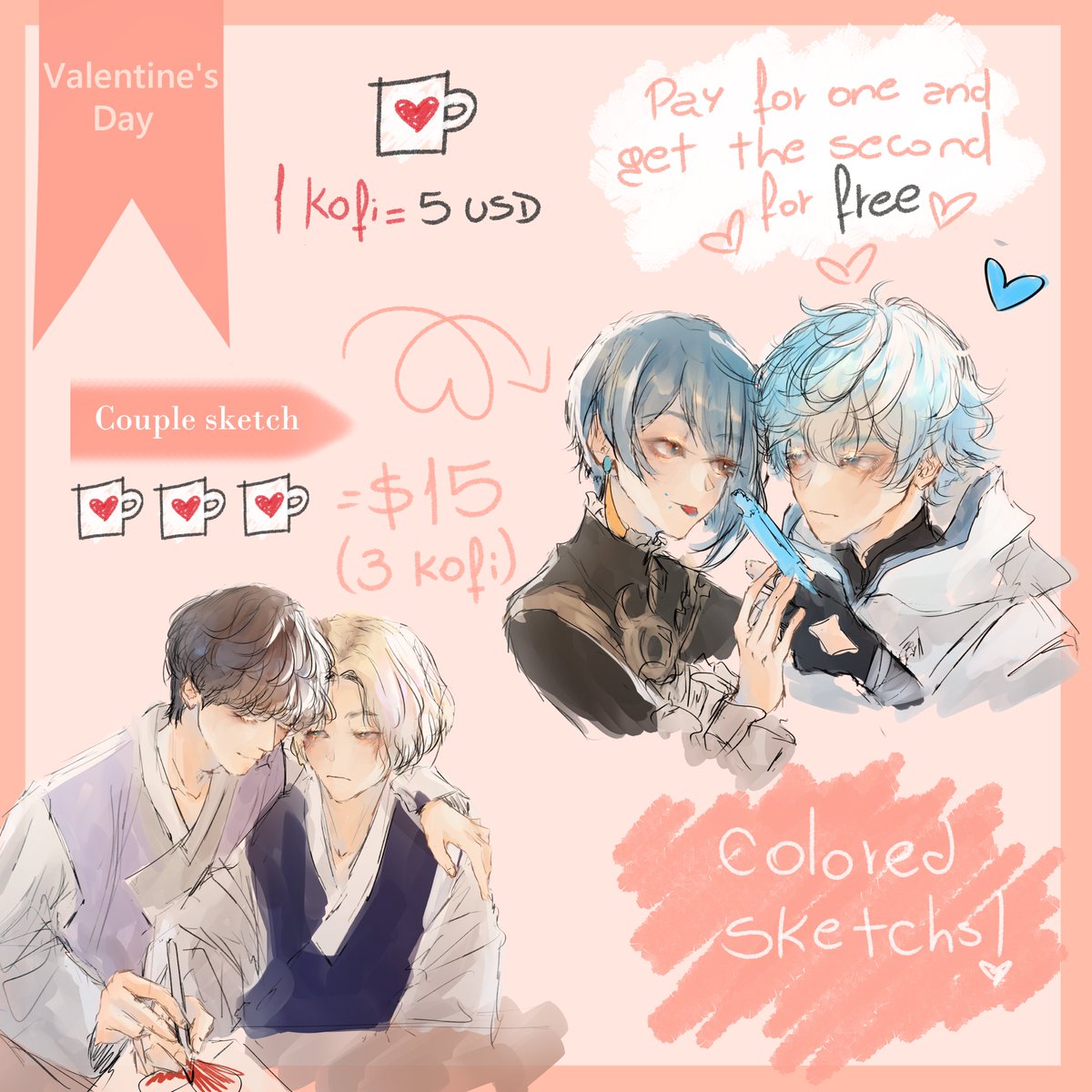 Hi! I'll be opening sketch commissions for valentine's day before I update the prices of my normal commissions~~

#commission #kofi 