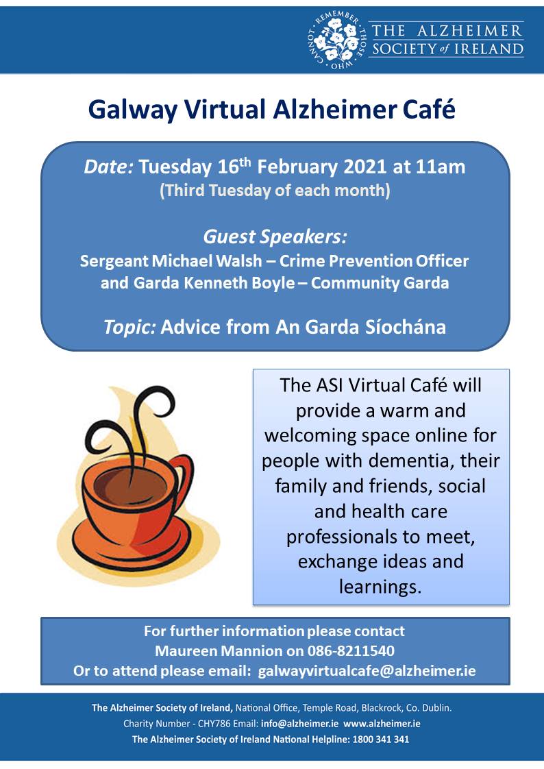 We are thrilled to announce our upcoming Galway Virtual Café will be held online at 11am on 16th of Feb. 
Email galwayvirtualcafe@alzheimer.ie to receive an invitation and steps on how to join. 
We hope to see you there! ☕🍰
#DementiaSupports