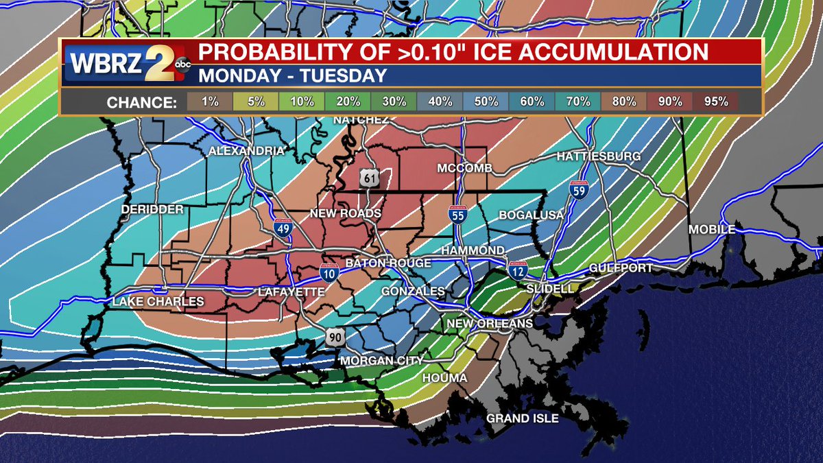 DrJoshWX's tweet photo. We've seen seen entire road network shutdowns due to much less than what is *forecast* for tomorrow. Some areas (in orange/red) could get a crippling 0.25 - 5" of ice. With that, power grid issues become possible--a huge issue when trying to keep warm in brutal cold. #LaWX #MsWX https://t.co/a1FlmYQUSM