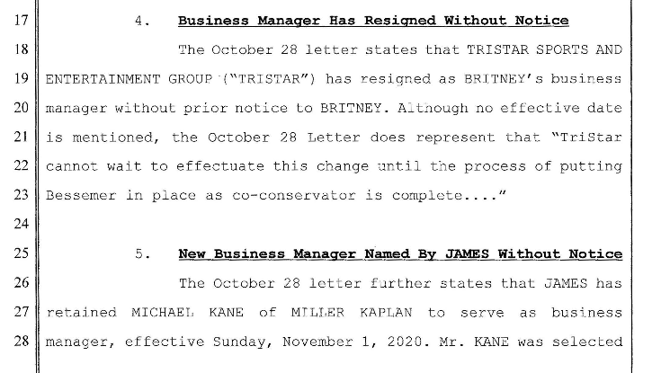 Lou Taylor and her company Tri Star resigned as Britney's business manager (that Britney never hired) in November 2020, without prior notice to Britney. Jamie selected Michael Kane as the new business manager to Britney, again, without any notice to Britney.