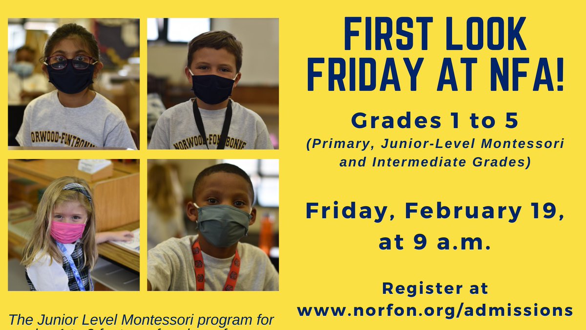 nfa1920's tweet photo. Join us and virtually visit Norwood-Fontbonne Academy's grades 1 to 5 (primary, junior-level Montessori and intermediate grades)!

Register at

https://t.co/To6tIvo8iD https://t.co/Fqq9IPQIkG