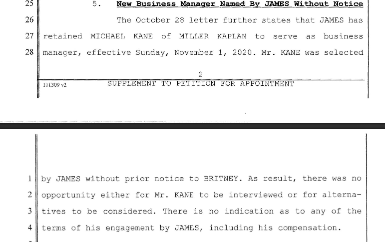 Lou Taylor and her company Tri Star resigned as Britney's business manager (that Britney never hired) in November 2020, without prior notice to Britney. Jamie selected Michael Kane as the new business manager to Britney, again, without any notice to Britney.