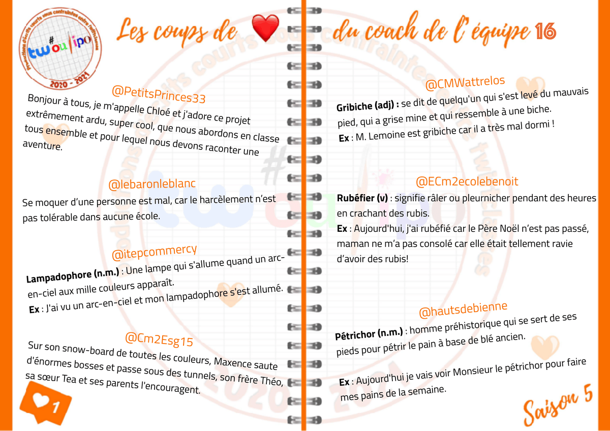 #twoulipo #EQ16 Pour la Saint Valentin, il nous a semblé normal de partager avec vous les coups de coeur de la coach de votre équipe. Bravo à vous tous ! 
<a href="/ECm2ecolebenoit/">@Cm1ecolebenoit</a>
<a href="/Cm2Esg15/">CM2 ESG15</a>
<a href="/PetitsPrinces33/">PetitsPrinces33</a>
<a href="/hautsdebienne/">CMHautsdebienne</a>
<a href="/itepcommercy/">ITEP de Commercy</a>
<a href="/CMWattrelos/">CM2 Wattrelos</a>
<a href="/lebaronleblanc/">lebaronleblanc</a>