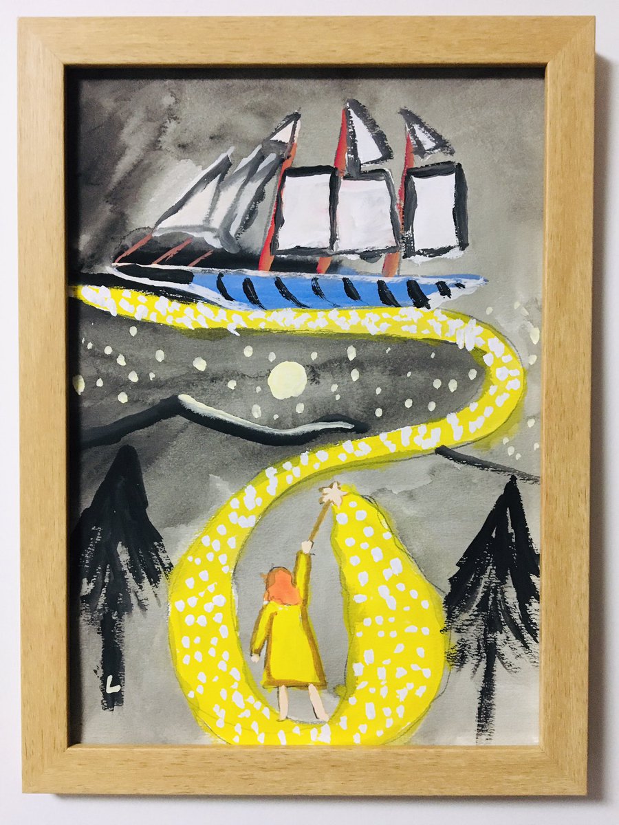 Lioncider 彼女は杖を振り 船の舵をとる 舵 Illustration Drawing Rudder Ship Yellow Magic Light Moon Image Art Colorful Acrylicpaint Picture Painting イラスト アート カラフル アクリルガッシュ 絵
