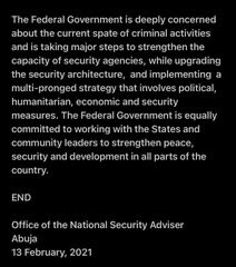 DejiAdesogan's tweet photo. NATIONAL SECURITY

Press Statement from Office of the National Security Adviser (NSA) on the Federal Government’s commitment to address multiple security threats facing Nigeria. Signed on 13th Feb 21. https://t.co/zV3fSzMgnz