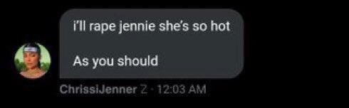protectJ116's tweet photo. ⚠️ MASS REPORT ⚠️ 

TW// Rape 

‼️Account links and proof in the thread

🚨 We have been made aware of a gc created to set up Jennie and Blackpink whilst making r*ape jokes and bodyshaming. They pretend to defend to create fanwars mostly unprovoked. https://t.co/r662HmTf66