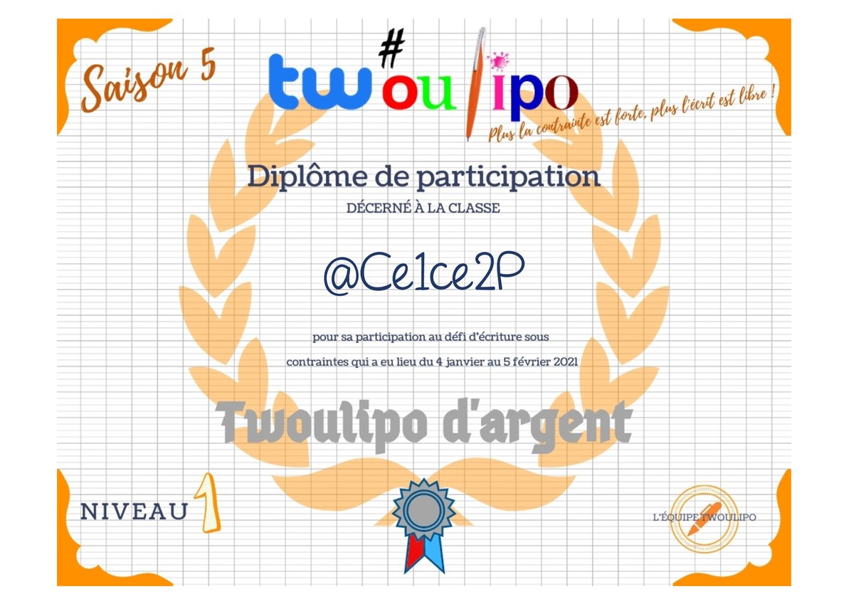 tw_oulipo's tweet photo. Bravo à la classe @Ce1ce2P pour son twoulipo d'argent! https://t.co/MxlD2X09gz