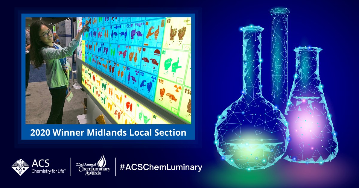 AmerChemSociety's tweet photo. Congrats to ACS' Midlands Local Section, winners of the 2020 #ACSChemLuminary #Award for Best Event or Activity Organized by, or Benefiting, the Applied Chemical Technology Professional Community. Nominate for 2021 now through Feb. 15! https://t.co/kpvDwqL29r #Chemistry https://t.co/gG0kBOtr7k