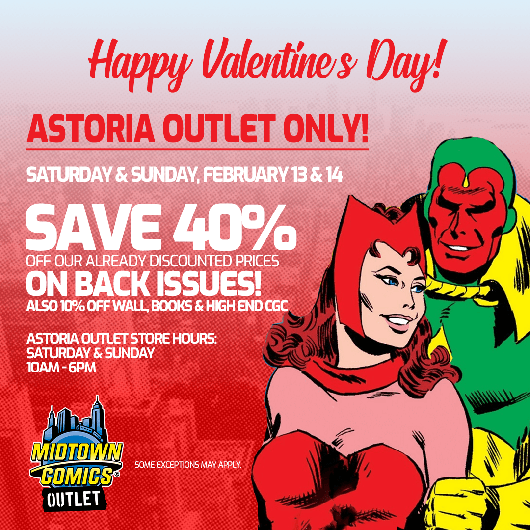 MidtownComics's tweet photo. Take 40% off the ALREADY RIDICULOUSLY DISCOUNTED back issues at our Astoria Outlet, we're open at 10AM! Oh, and #HappyValentinesDay!
https://t.co/S5vxLXpuMN
#Astoria #MidtownComicsAstoria #WandaVision #valentinecomic #romanticcomics #discountactionfigures @BandaiAmerica #gundam https://t.co/Q6JmiCTTP4