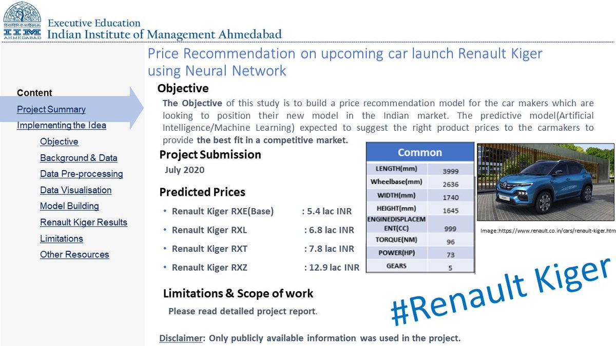 This is the price we forecasted for  #RenaultKiger during our Indian Institute of Management Ahmedabad study project. #Tomorrow is the launch of  #theKIGERlife. Our model suggests starting price of 5.4 lac INR ex-showroom. Hope to reach close to it.  https://www.linkedin.com/posts/gaurav-vangaal-929bb520_india-renaultkiger-neuralnetworks-activity-6766702463446736896-AqHB