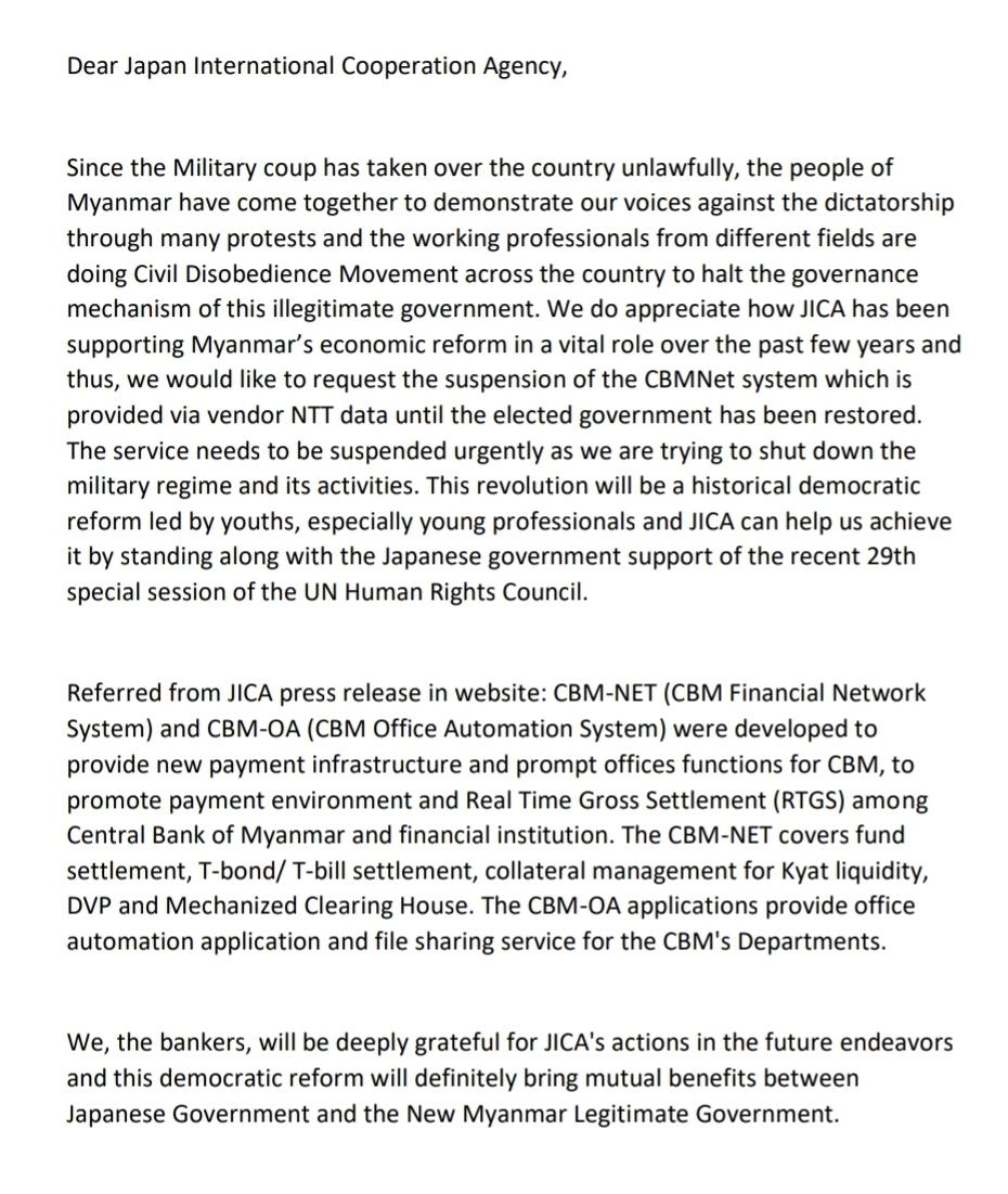 willmin_x's tweet photo. A group of Myanmar Bankers call for @jica_direct @jica_direct_en to help accelerate the #CivilDisobedienceMovement 
#WhatsHappeningInMyanmar https://t.co/VdTxyX1Y9o