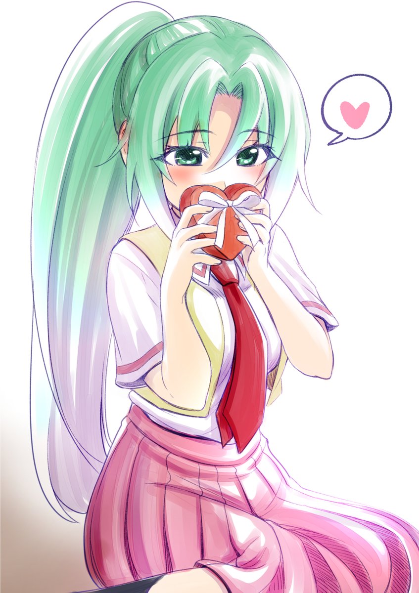 sonozaki mion 1girl red necktie solo skirt green eyes heart long hair  illustration images