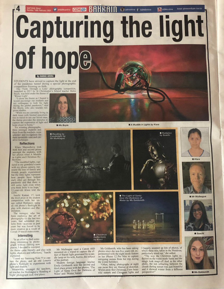 Helenboyle's tweet photo. @StChrisSnr @GDNonline Great article in our local Bahrain press 🇧🇭 showcasing the talent from this Winter’s Faith through a lens photography competition.  #FTAL #Winterlight #RE #TeamRE ⭐️📸 https://t.co/iMyFAKhjgY