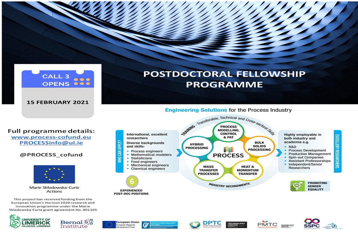 <a href="/PROCESS_cofund/">PROCESS_COFUND</a> Industry relevant postdoctoral fellowships HORIZON 2020 Marie Sklodowska-Curie Actions Programme Call 3 now open and available in PROCESS Engineering and Adv Manufacturing.

Apply now @https://www.process-cofund.eu/how-to-apply by 14 May 2021 <a href="/mariescurie_ire/">MarieS-Curie Ireland</a>