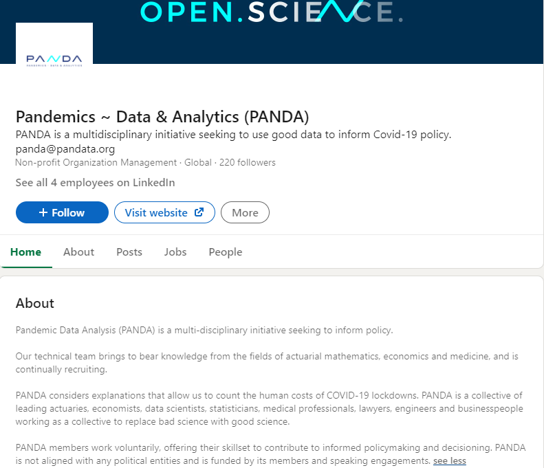 Now to 21 on the list the PANDATA analysis ... looks official right .. PANdemic data analysis very scientific .. are they governmental, scholarly Insitute experienced in pandemic epidemiology .... well 4 employees on linked in ...