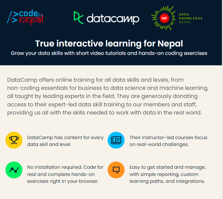 codefornepal's tweet photo. PLS APPLY OR SHARE: Applications for 500+ Data Fellowships are open. 

Fellows will get access to Premium @DataCamp subscription, support for career opportunities, &amp; networking via @okfn_np &amp; @codefornepal. 

APPLY NOW: https://t.co/NNZHhqQwp1 #Data4Nepal https://t.co/2RZw7yHH7N