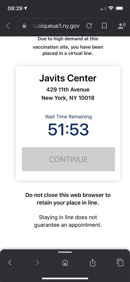 bmcgovern's tweet photo. @turbovax i got on the site at 8:20 am, found the questions about underlying conditions. got in line for Javitz, now a countdown clock https://t.co/SA0pH7FcE7