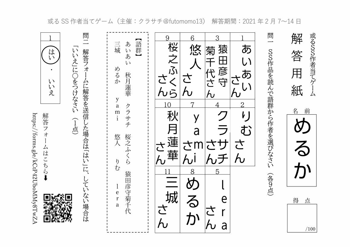cosmeruka's tweet photo. 私、6番書き直したのに。書き直して間違えるとか、ダサすぎワロタ。6番クラサチさんにしてたのにぃ。やっぱり、書き換えとかダメだね！直感って大事！試験と同じだね！(一生懸命言い訳)。
てか、私、自分以外全部間違えたんだけど。読解力無さすぎワロタ。10点ある！嬉しい🙃
#或るSS作者当てゲーム https://t.co/X4MhM9M6HR