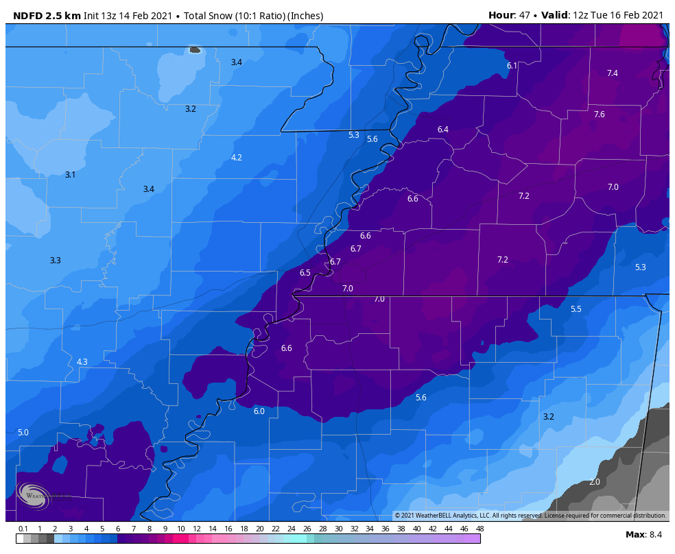 Here's the latest projected snowfall total map from the NWS NDFD forecast data, which closely mirrors their official forecast. I keep having to remind myself that this is for Memphis! #memsnow