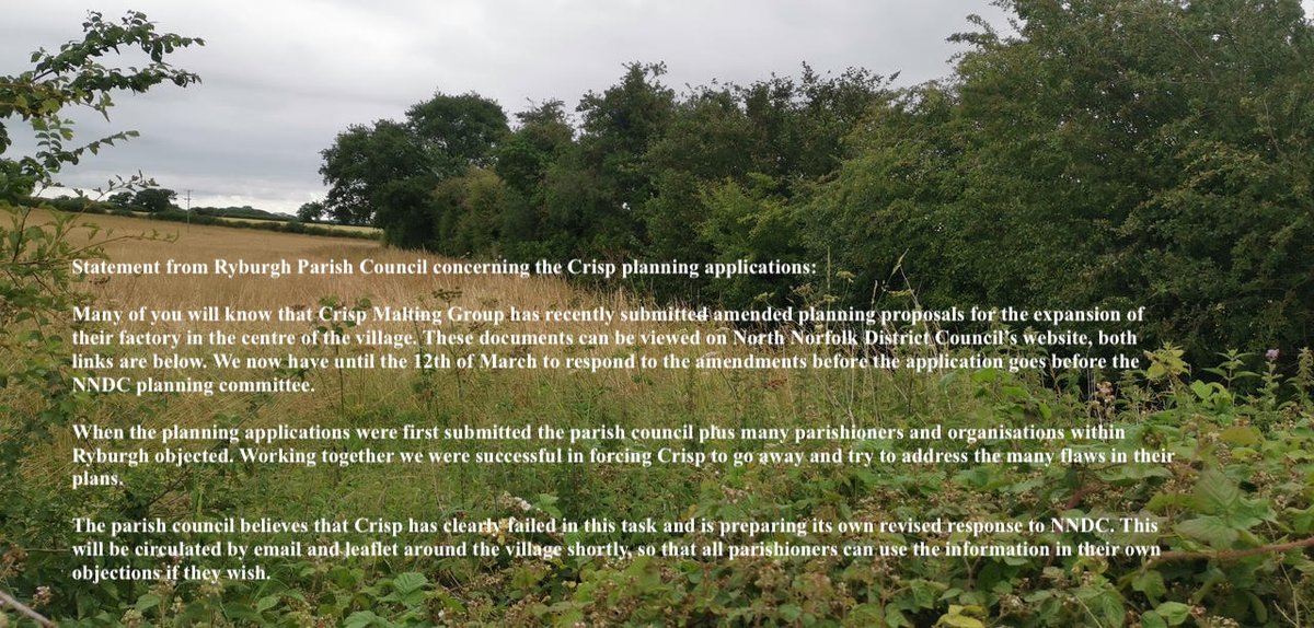 The RVAG Steering Committee has been asked to share the following statement from Ryburgh Parish Council via its various community links - see photo. #ThisIsRyburgh
<a href="/CPRENorfolk/">CPRE Norfolk</a> <a href="/Pensthorpe/">Pensthorpe</a> <a href="/NorfolkWT/">Norfolk Wildlife Trust</a> 
PF/20/0523 Expansion
PO/20/0524 Road and Phase two Expansion