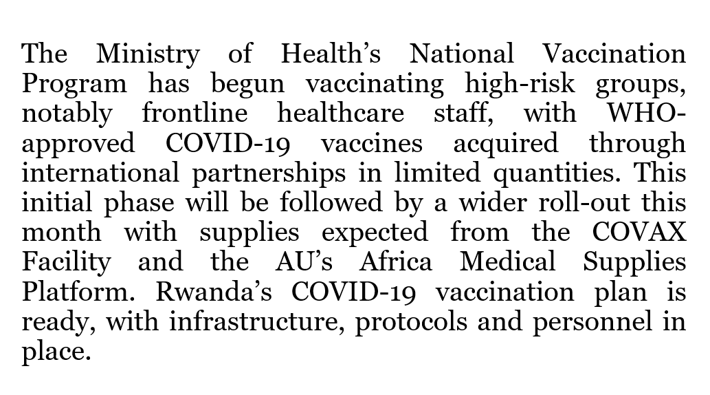 <a href="/RwandaHealth/">Ministry of Health | Rwanda</a> National Vaccination Program has begun vaccinating high-risk groups.