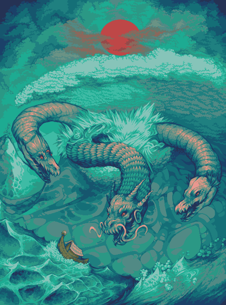 came2slide's tweet photo. The mighty hydra, 568x768.
It took me a while but its finally done!! 
#pixelart #ドット絵 https://t.co/oYvE3VsYE1