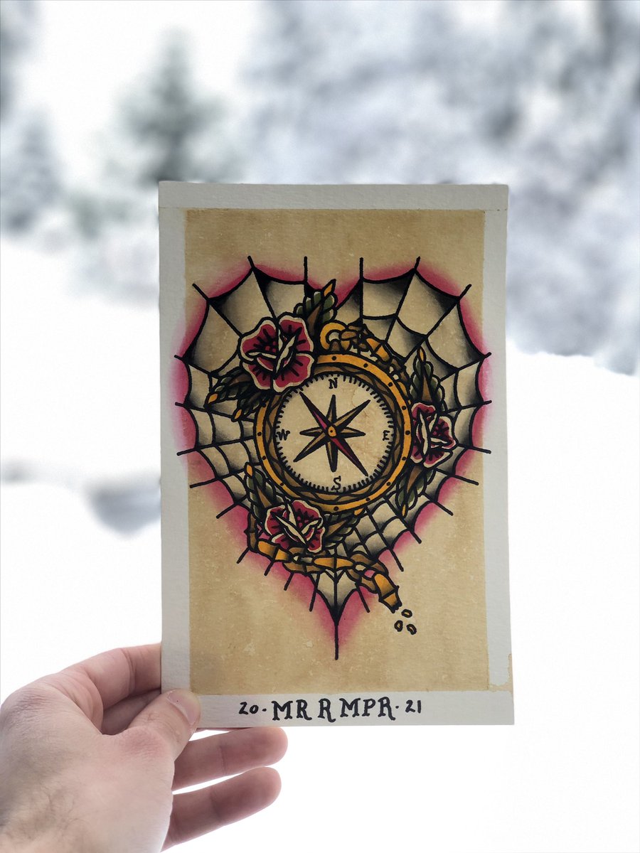 mrrmprr's tweet photo. Painted this sheet yesterday and also have a behind the scenes video of me painting it on YouTube! Thanks for lookin! #art #artist #pnw #seattle #snow #tradwork #paperworkers #trflash #traditionaltattoo #tattooflash #tattooart #compass #rosetattoo #darkart #americantraditional https://t.co/aWbCdXSPlA
