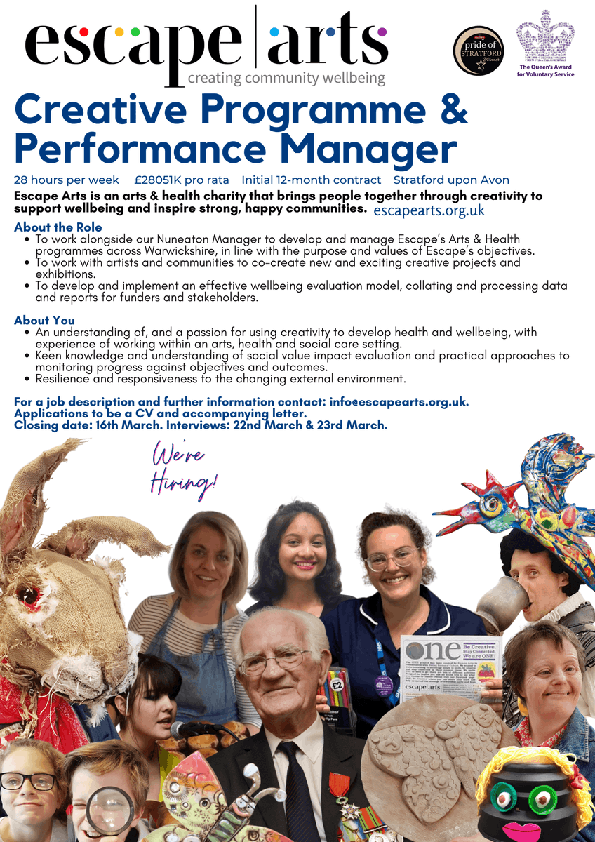 We are excited to announce that we are now advertising for a Creative Programme &amp; Performance Manager to join our friendly and dynamic team! For more information and the full job description, contact Karen at karenwilliams@escapearts.org.uk