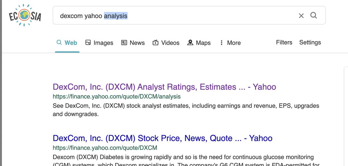 5/ Tab 3 - Find the quarterly analyst estimatesOpen up  $DXCM in yahoo financeThe "news" section usually has a link to reports on whether the company beat/met estimatesThe "analysis" tab is a good source, but sometimes it updates to the next quarter too quickly