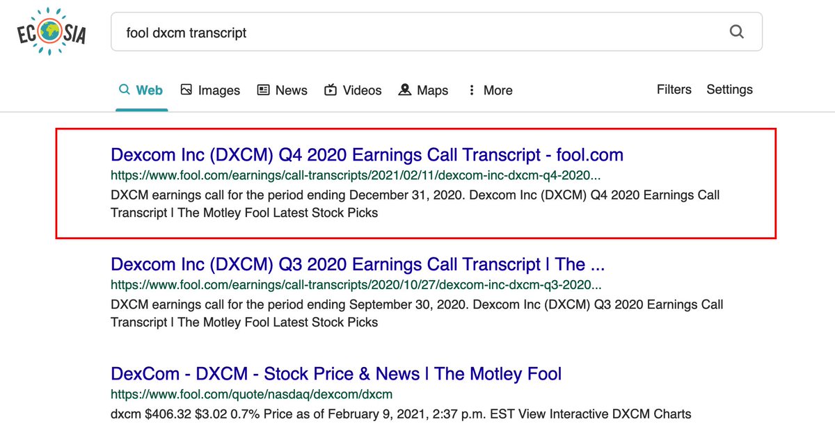 6/ Tab 4 - Find a transcript of the earnings call @themotleyfool transcripts are bestSometimes links are on Yahoo Finance news Search "Fool DXCM Transcript" if notSeekingalpha / NASDAQ are two other free sources