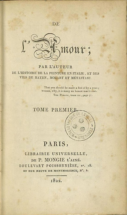 Couverture de "De l'Amour", Mongie, Paris, 1822 (Bibliothèque municipale de Grenoble)