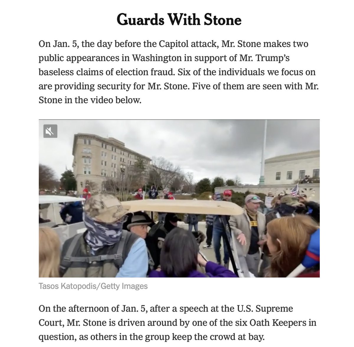 2/ On January 5th, Stone appeared at the Supreme Court, glad-handing and being driven in a go-kart. Later he attended a rally near the White House. As the  @nytimes team shows, his security entourage featured a host of  #OathKeepers...