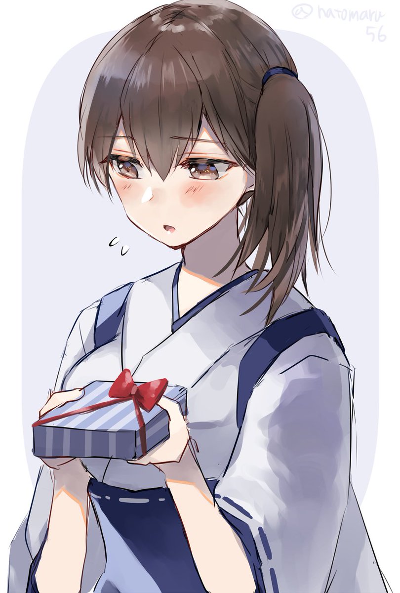 kaga (kancolle) 1girl solo japanese clothes side ponytail brown eyes brown hair gift  illustration images